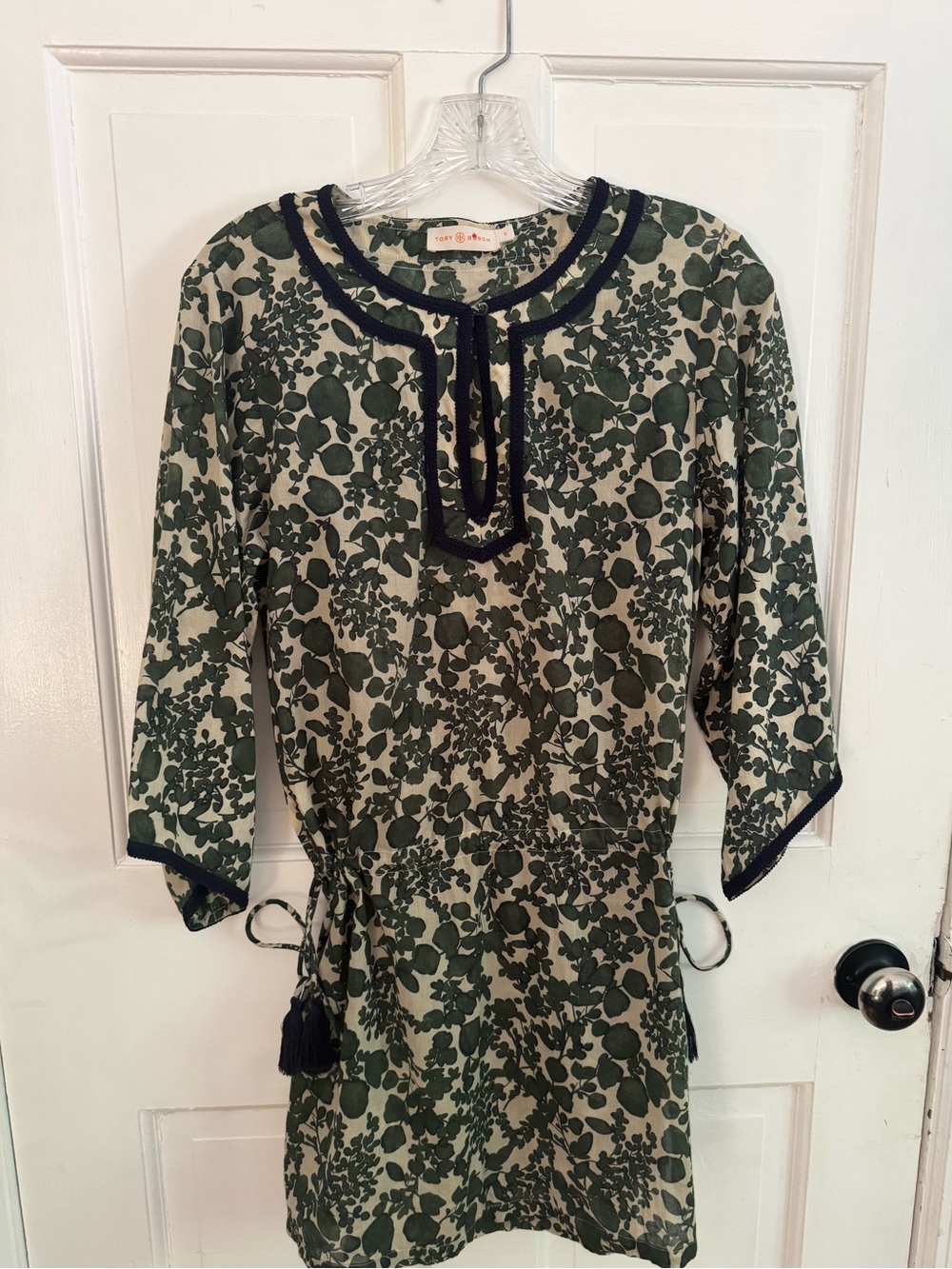 Tory Burch Green Botanical Print Cover Up Tunic Dress Tassel, Small